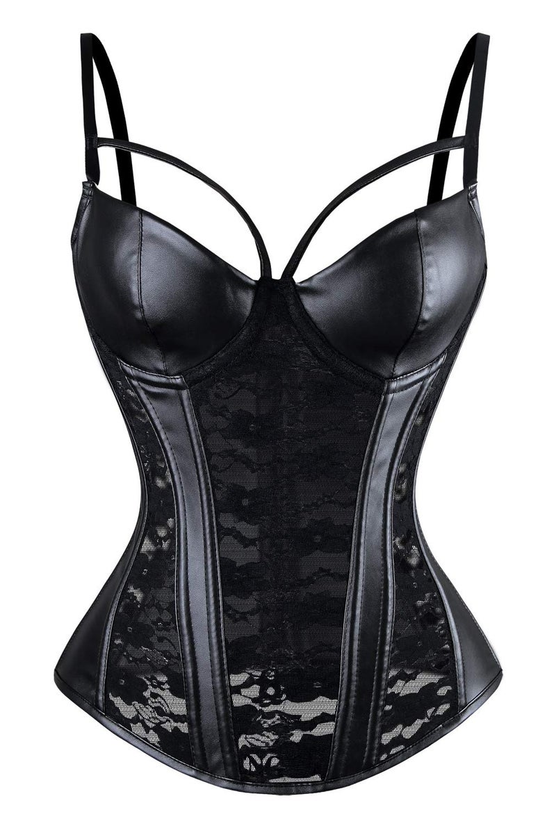 Charmian Women's Steampunk Gothic Black Lace Corset Bustier Faux Leather Bra Lingerie Black XX-Large - Image 2